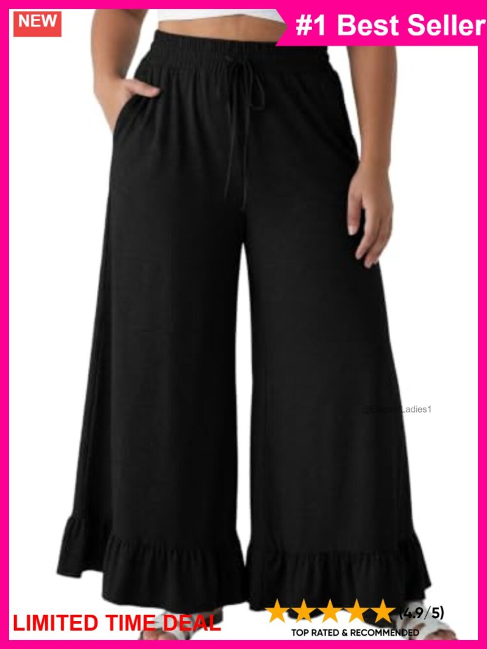 Plus Size Wide Leg Pants Elastic High Waist Ruffle Hem Lounge Trousers